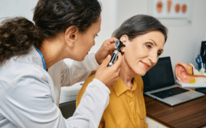 doctora revisando oreja de paciente
