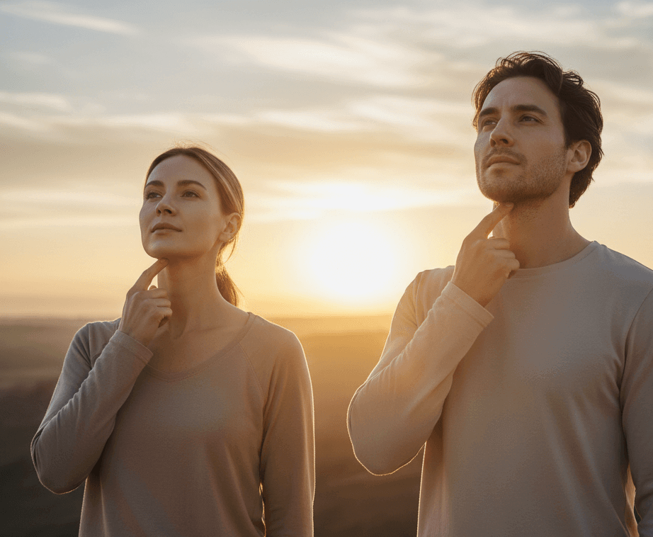 un hombre y una mujer viendo hacia el cielo señalando su garganta