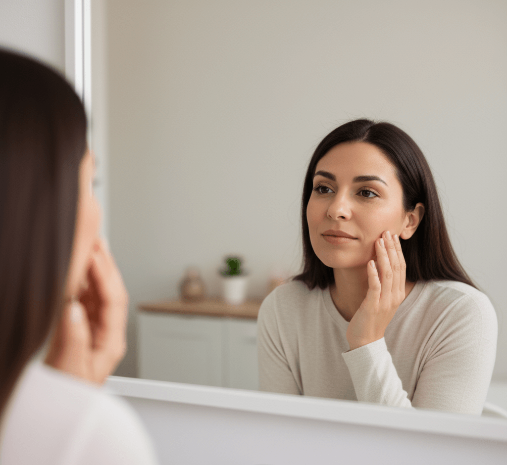Mujer observando su reflejo en el espejo, revisando su piel y cabello con atención. Escena cálida y natural que sugiere autoevaluación y conciencia sobre los signos físicos relacionados con la vitamina D.