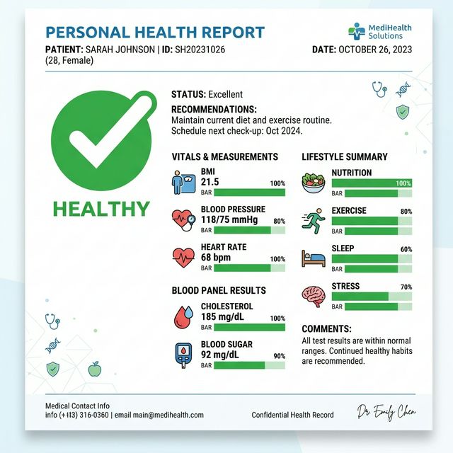 Checkmark de salud sobre reporte médico moderno