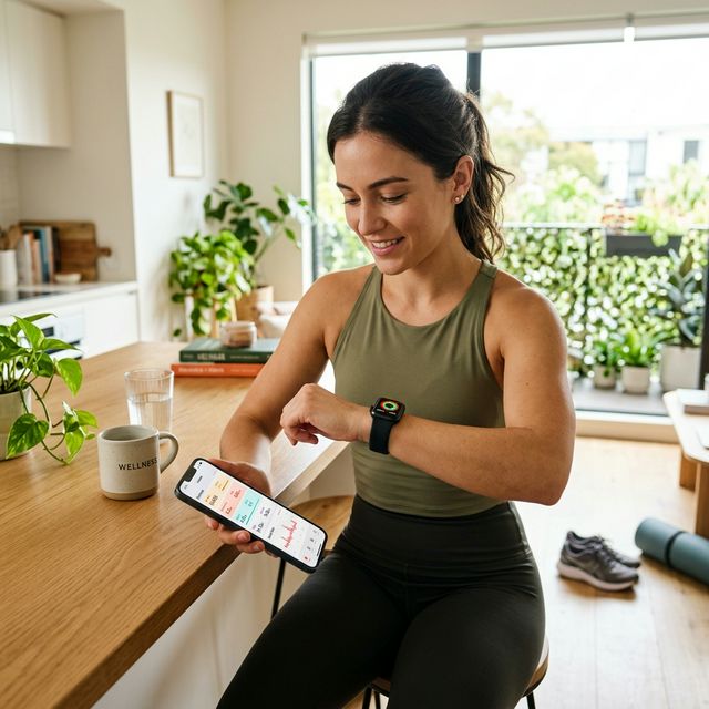 Persona monitoreando su salud mediante dispositivos digitales inteligentes